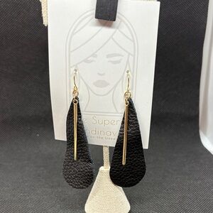 Chic Black Leather Teardrop Earrings with Gold Accents